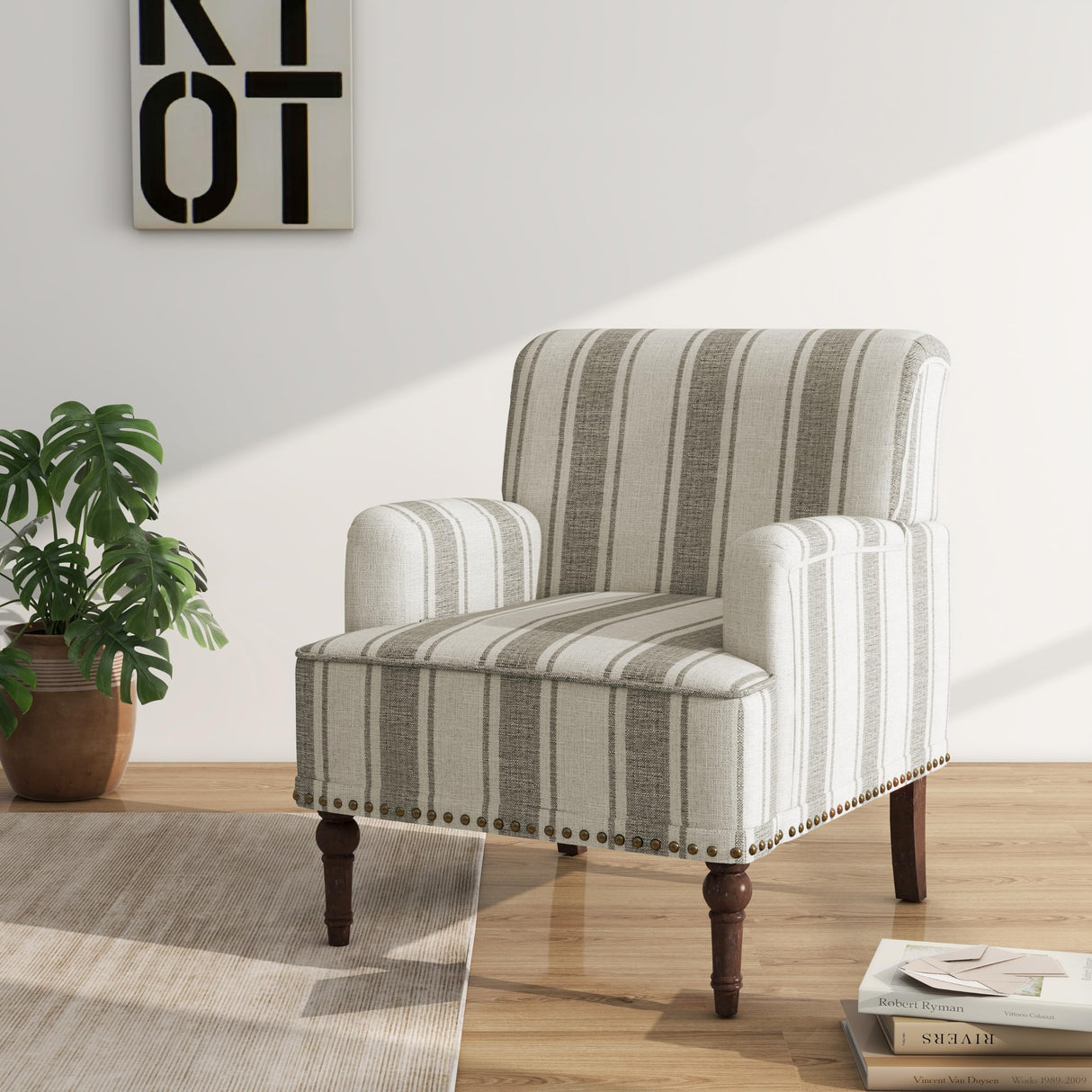 DREAMSIDEA Accent Chair, Mid Century Modern Comfy Armchair for Living Room, Linen Fabric Single Sofa Lounge for Reading Bedroom Apartment Waiting Room with Wood Legs (Brown Stripe, Set of 1) DREAMSIDEA