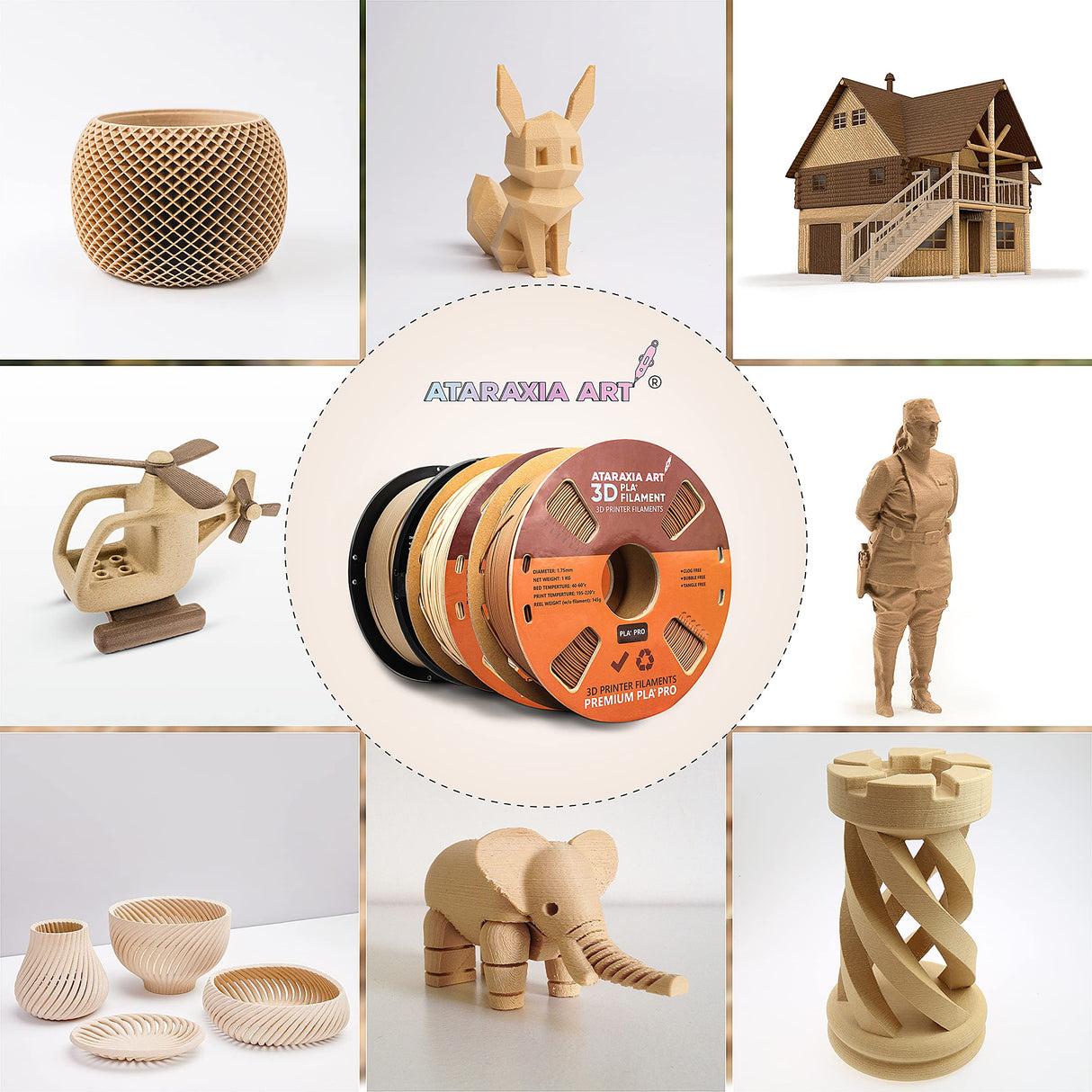 ATARAXIA ART Natural Wood PLA Filament 1.75mm, 1Kg/2.2lb Winded Spool, Wood 3D Printer Filament with Real Wood Fibers,with Filament Storage Bag,Dimensional Accuracy +/-0.03mm,Fit Most FDM 3D Printers ATARAXIA ART