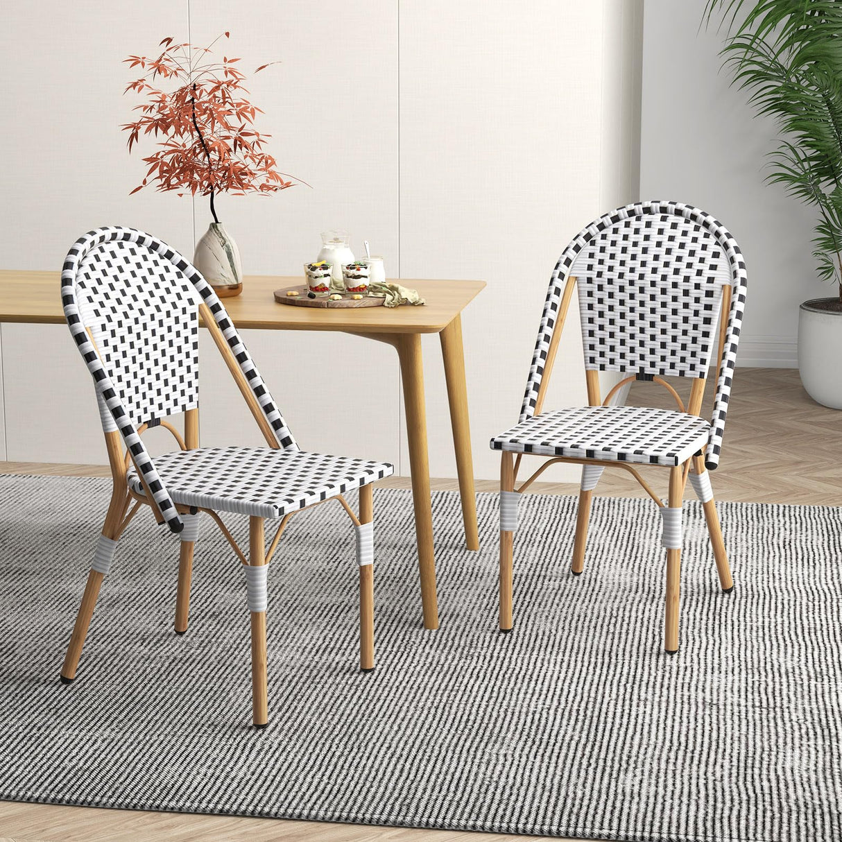 Tangkula French Bistro Chair Set of 4, Outdoor Armless Dining Chairs with Hand-Woven Rattan, Accent Chairs with Galvanized Metal Frame for Garden Kitchen Backyard Porch (Black & White) Tangkula