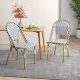 Tangkula French Bistro Chair Set of 4, Outdoor Armless Dining Chairs with Hand-Woven Rattan, Accent Chairs with Galvanized Metal Frame for Garden Kitchen Backyard Porch (Black & White) Tangkula