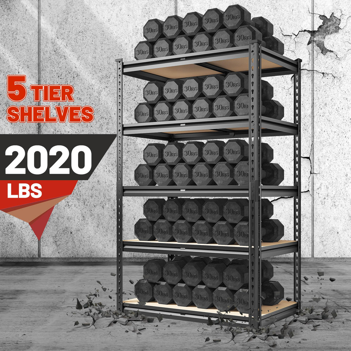 REIBII 2020LBS Storage Shelves Garage Shelving Heavy Duty Metal Shelving 5 Tier Garage Shelves Adjustable Metal Shelf for Kitchen Pantry Basement 27.6" Wx13.8 Dx 60" H, 2 Pack REIBII
