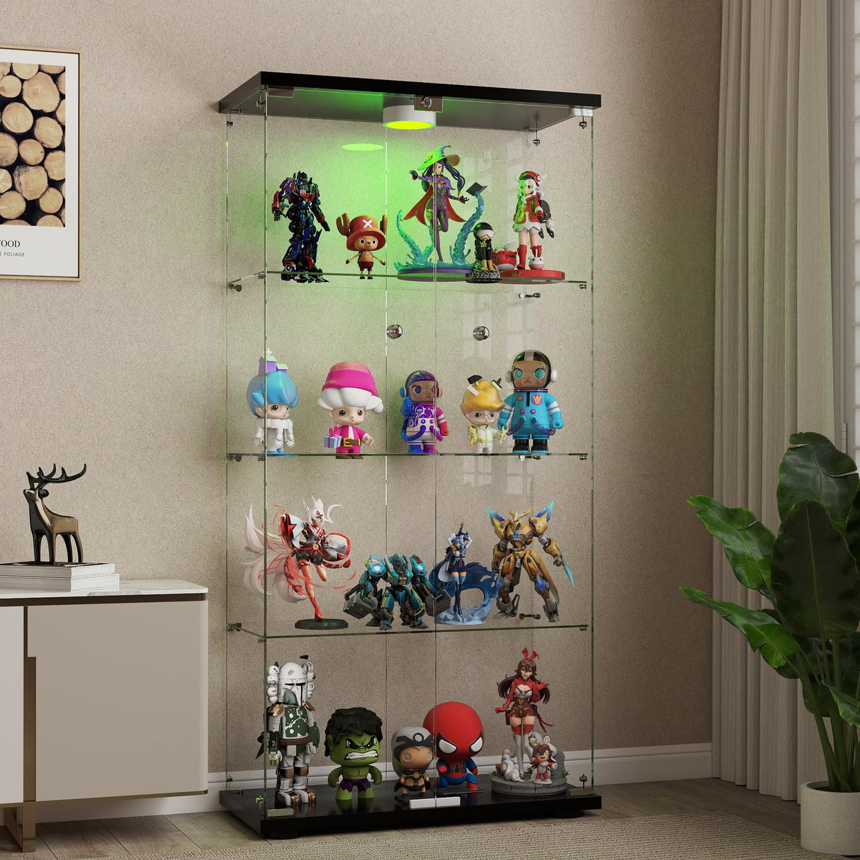 HAMBING Glass Display Cabinet with LED Lights and Lock, 4-Shelf Tempered Glass Curio Cabinet with 2 Doors, Collectible Display Showcase for Living Room, Bedroom – Black HAMBING