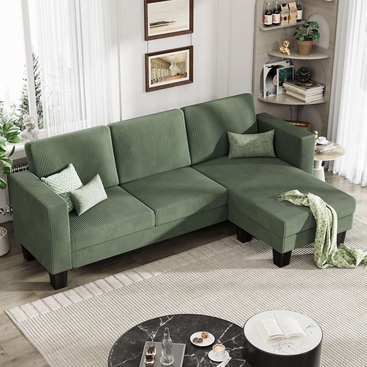 YESHOMY L-Shaped Convertible Sectional Sofa 3 Seater with Corduroy Fabric, Complete with Mobile Footrest, for Living Room, Apartment and Office, 70", Green