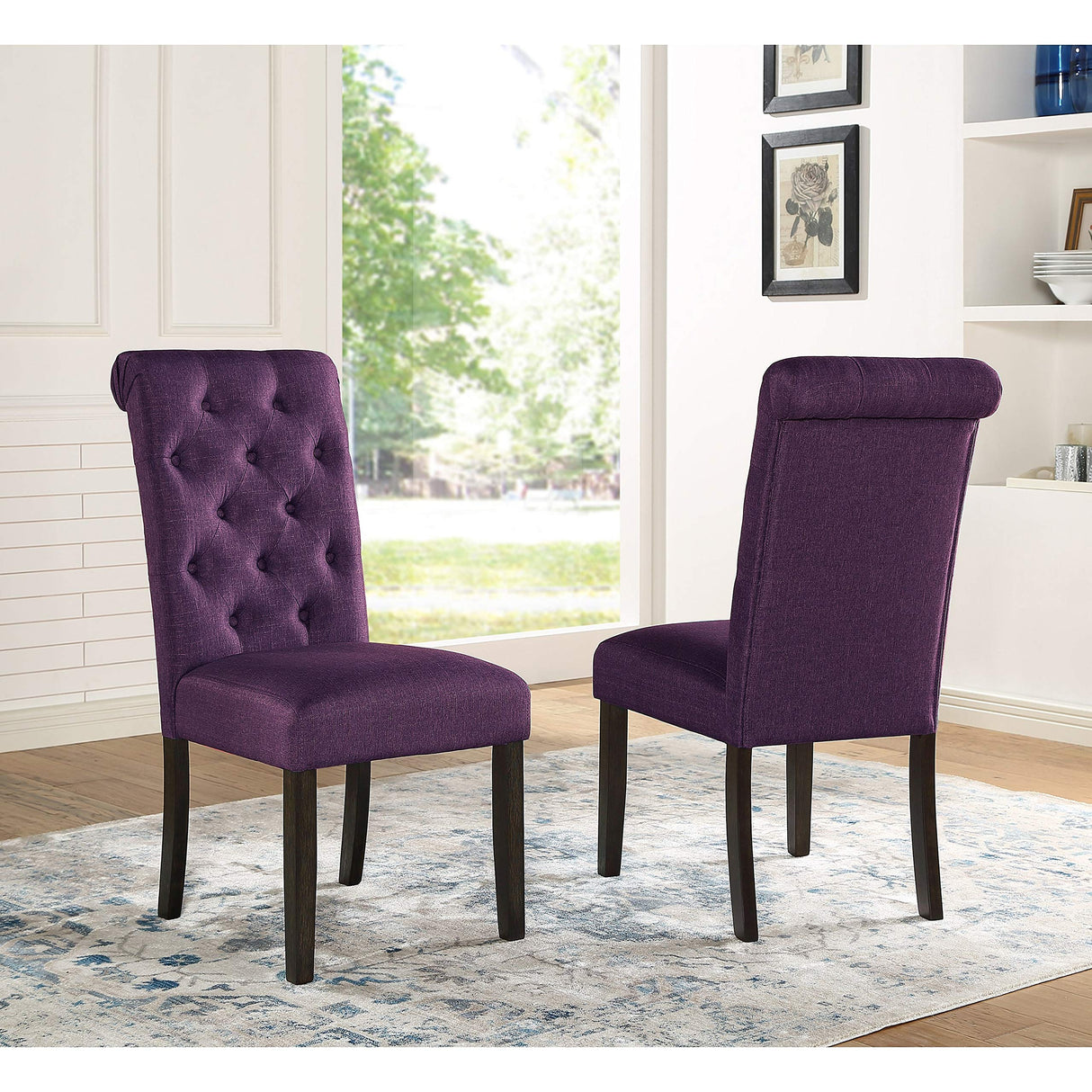 Roundhill Furniture Leviton Solid Wood Tufted Parsons Dining Chairs, Set of 2, Purple Roundhill Furniture