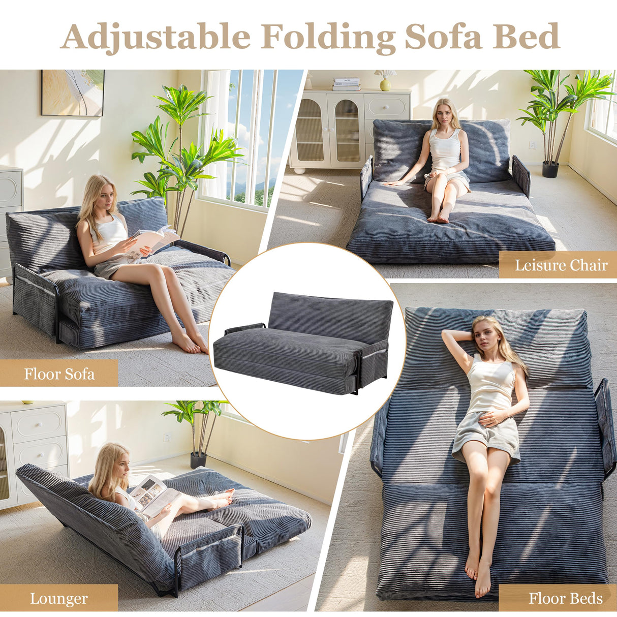 YOSHOOT Lazy Floor Sofa Convertible Bean Bag Sofa Bed Couch, 5-Position Foldable Sleeper Chair with Armrest, Ideal for Reading & Gaming YOSHOOT