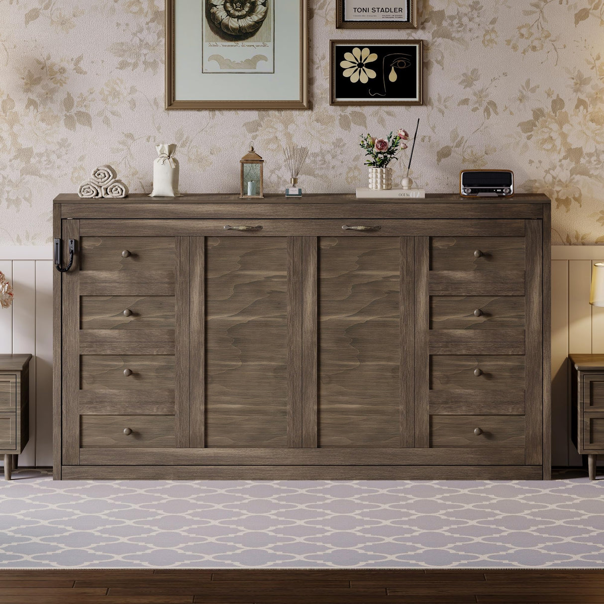 SOFTSEA Twin Size Murphy Bed with LED Light, Rustic Hidden Wall Bed Frame with LED for Small Spaces, 2 in 1 Murphy Bed Cabinet, No Box Spring Needed, Brown SOFTSEA