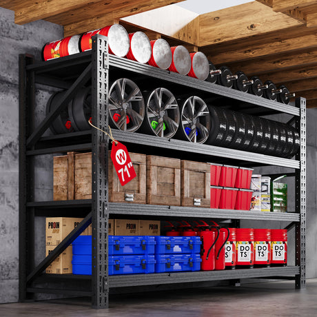 71” W Storage Shelves Heavy Duty, 5000LBS Metal Garage Shelving Units, 4 Tier Storage rack shelf, Steel Industrial Shelving , Adjustable Standing Shelf for Basement/Warehouse 71"W x 24"D x 70"H, Black AFAIF