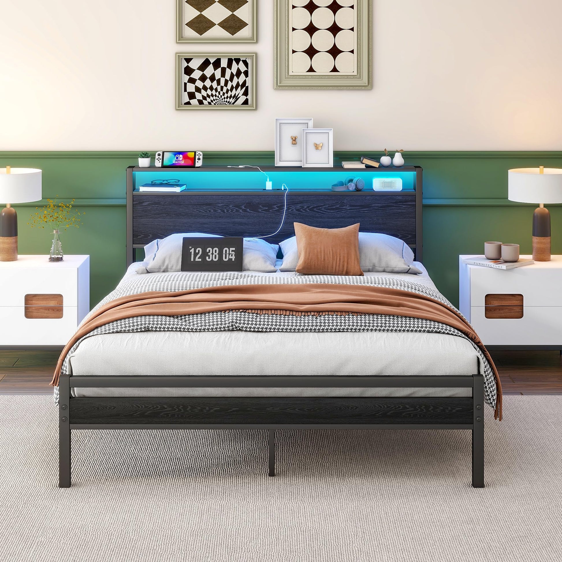 BOFENG Queen Metal Bed Frame with Storage Headboard, LED Lights & Charging Station - WoodArtSupply