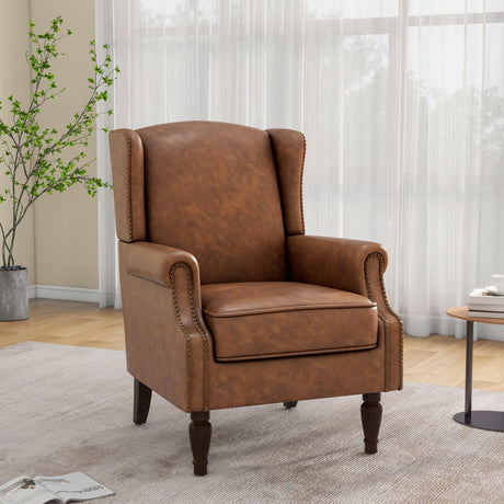DREAMSIDEA Accent Chair, Upholstered High Back Armchair with Nailhead Trim & Wood Legs, Comfy Wingback Reading Single Sofa Chair for Small Spaces, Living Room, Bedroom (Leather Brown, Set of 1) DREAMSIDEA