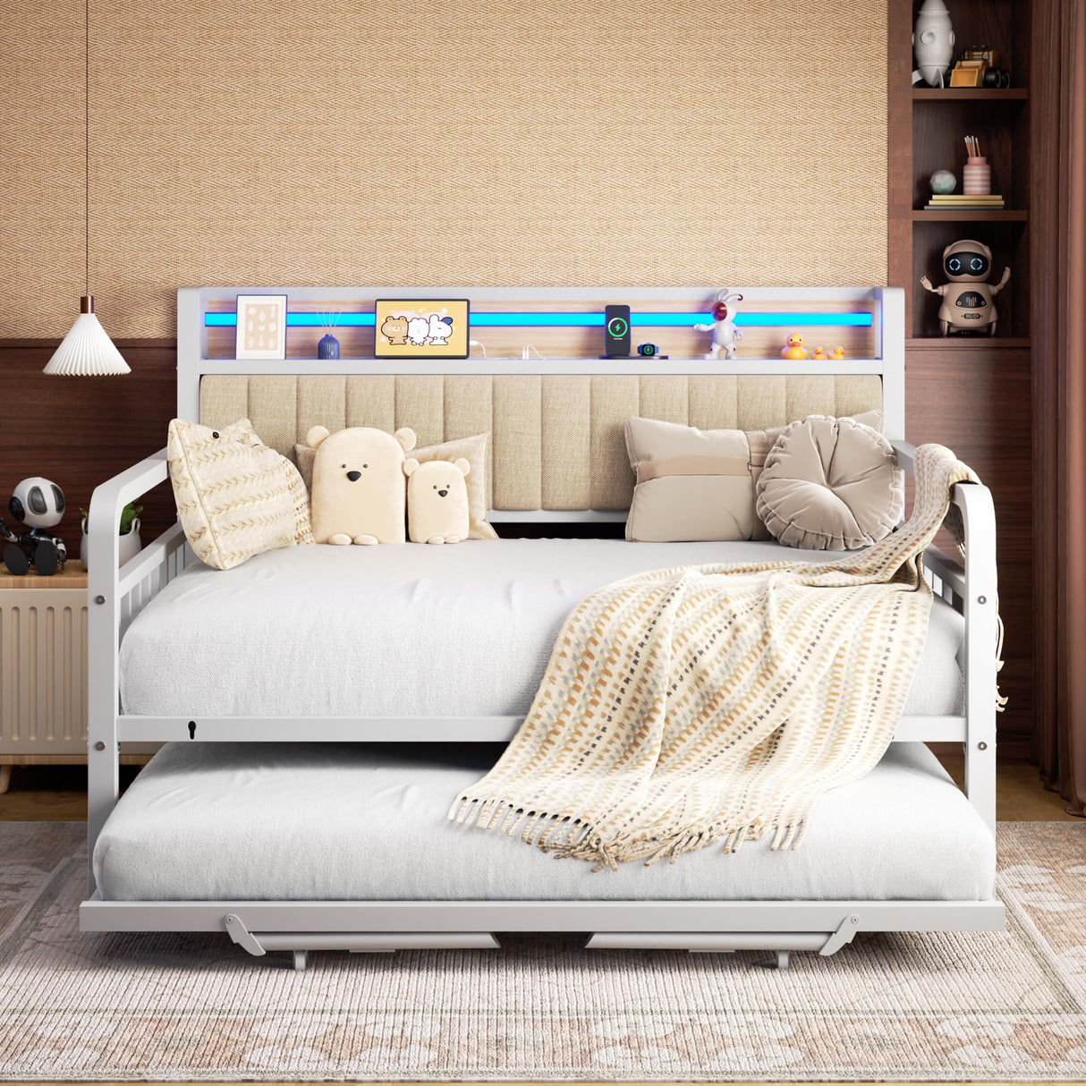 Daybed with Trundle and LED Light, Heavy Duty Metal Full Bed Frame with Upholstered Storage Headboard & Charging Station, Day Bed Pop Up Trundle Bed for Living Room,Bedroom and Guest Room, White Jocoevol