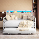 Daybed with Trundle and LED Light, Heavy Duty Metal Full Bed Frame with Upholstered Storage Headboard & Charging Station, Day Bed Pop Up Trundle Bed for Living Room,Bedroom and Guest Room, White Jocoevol