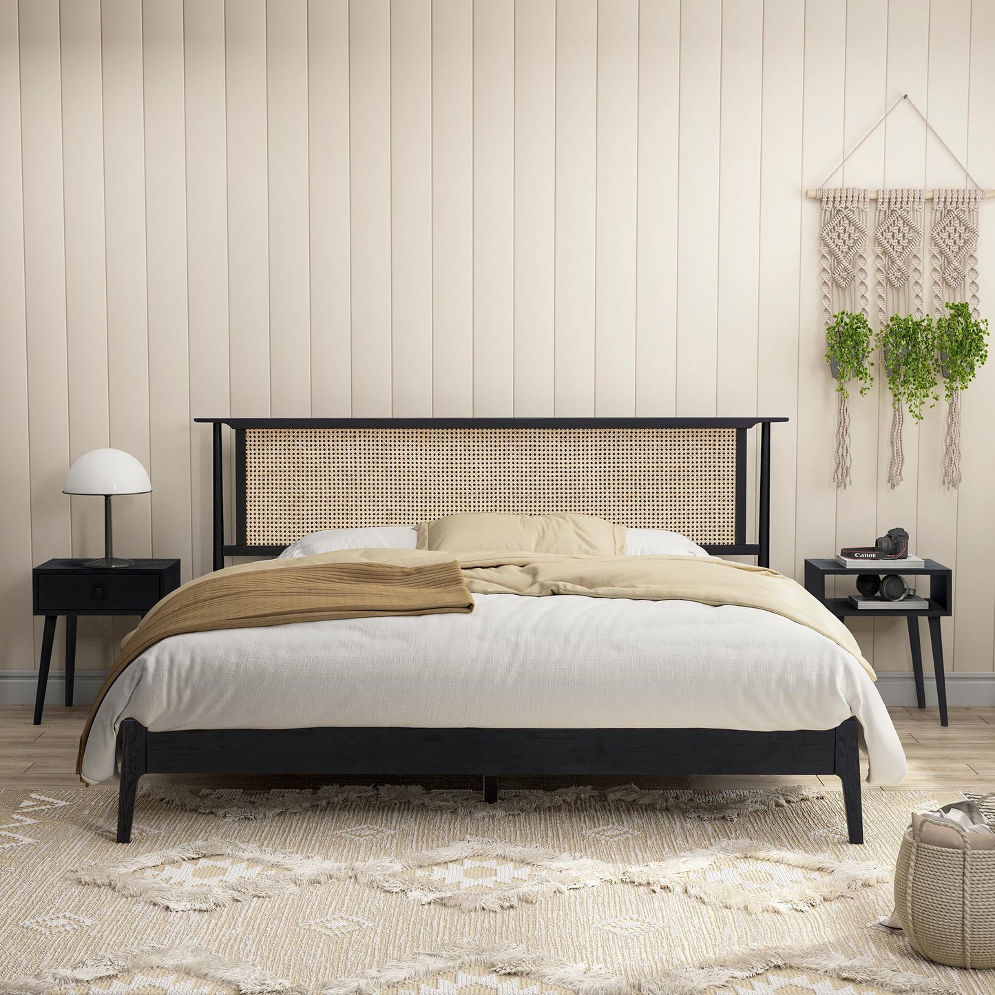 NTC Ruby Queen Bed Frame with Natural Rattan and Solid Oak, Effortless Assembly, Silent Slats - Burnt Black - WoodArtSupply