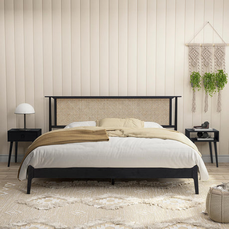 NTC Ruby Queen Bed Frame with Natural Rattan and Solid Oak, Effortless Assembly, Silent Slats - Burnt Black NTC