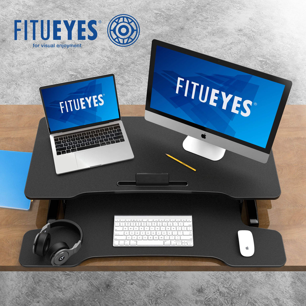 FITUEYES Height Adjustable Standing Desk 36” Wide Sit to Stand Converter Stand Up Desk Tabletop Workstation for Laptops Dual Monitor Riser Black SD309101WB FITUEYES