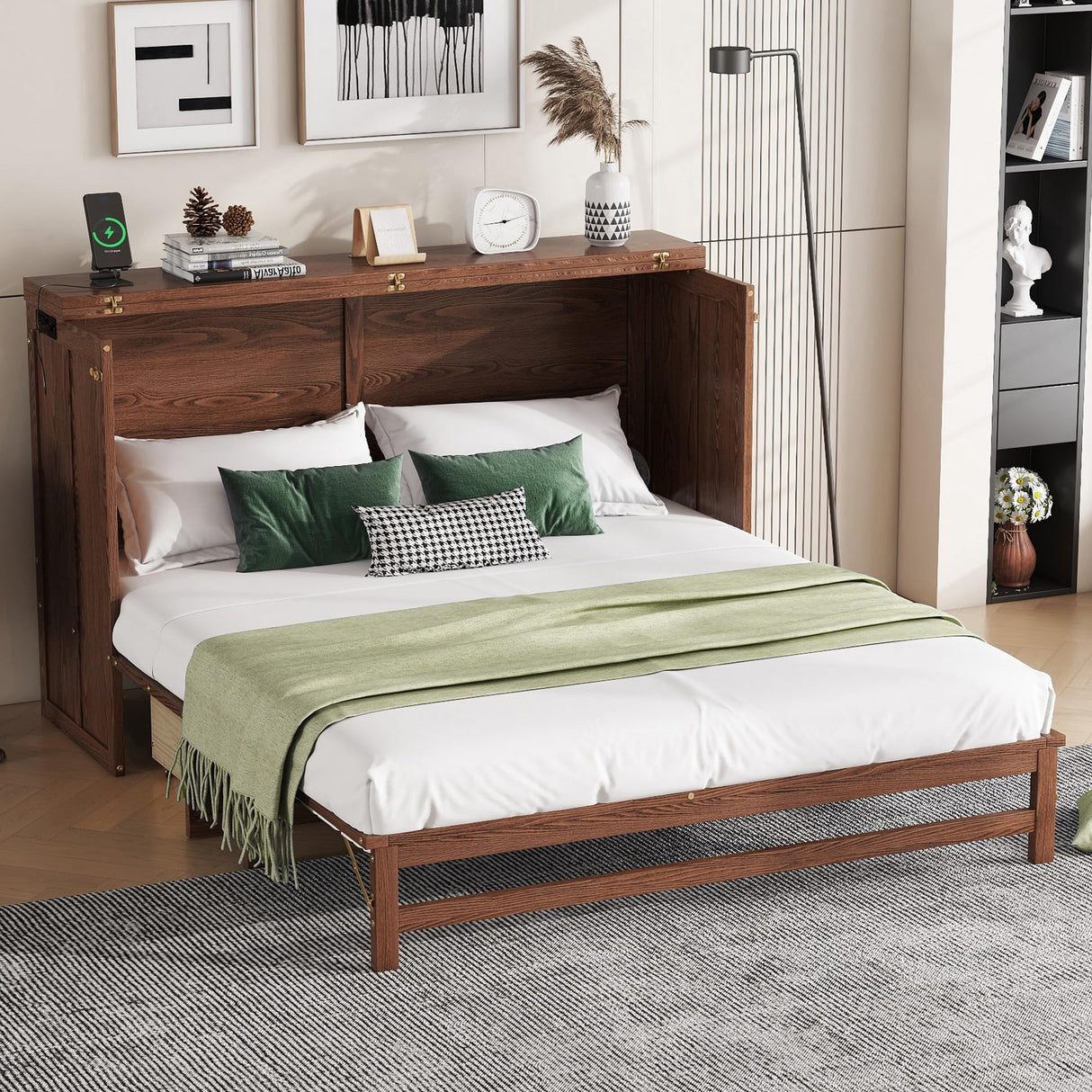 KEIKI Queen Size Cabinet Murphy Bed with Charging Station and Drawer, Multiple Storage Foldable Hideaway Wall Murphy Bed Frame with Solid Slat, No Box Spring Needed, Easy Assembly, for Bedroom, Walnut KEIKI