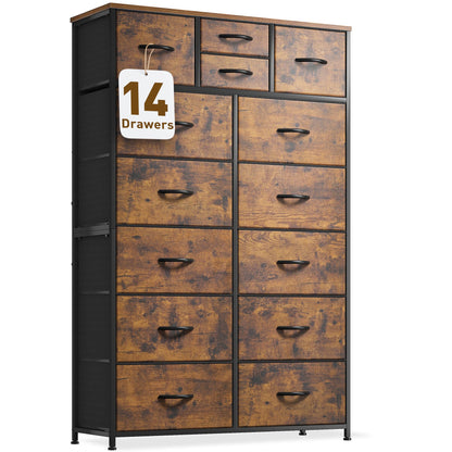 EnHomee 14 Drawer Dresser, Tall Dressers for Bedroom, Large Bedroom Dressers & Chests of Drawers, Sturdy Metal Frame & Wood Top, Easy Assembly, Closet, Living Room, Rustic Brown