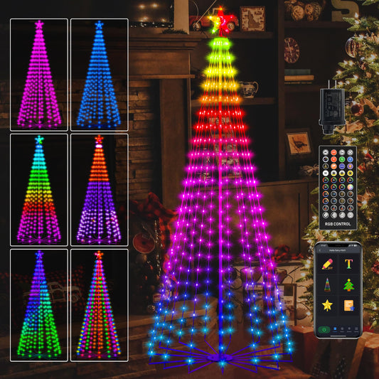 Holaurora 8FT Lighted Outdoor Christmas Tree, 340 LED Smart Cone Tree, Music Sync RGB Fairy Lights, LED Light Show, APP and Remote Control, Timer Function, Perfect for Outdoor Christmas Decorations