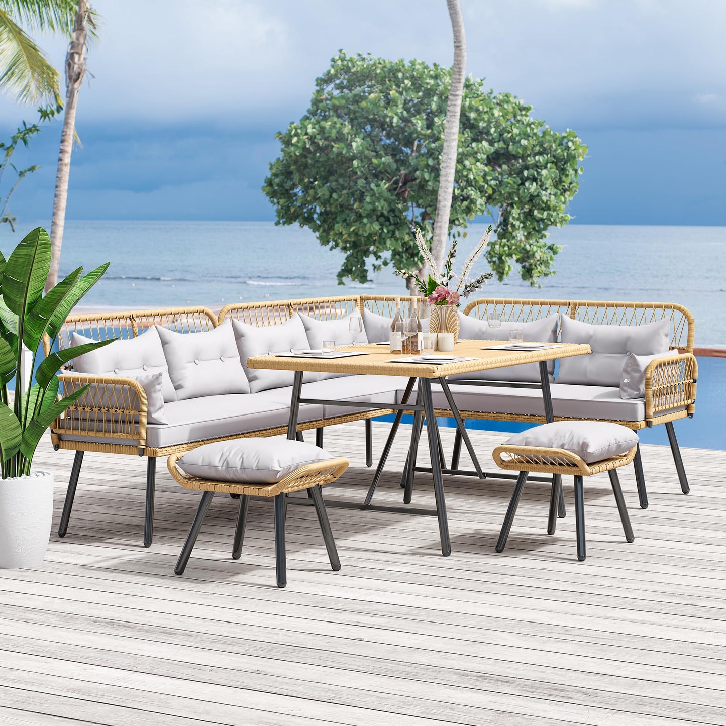 YITAHOME Patio Wicker L-Shaped Furniture Set, All-Weather Rattan Outdoor Conversation Sofa Set for Backyard Deck with Soft Cushions,Ottomans and Plastic Wood Dining Table (Light Brown+Gray) - WoodArtSupply