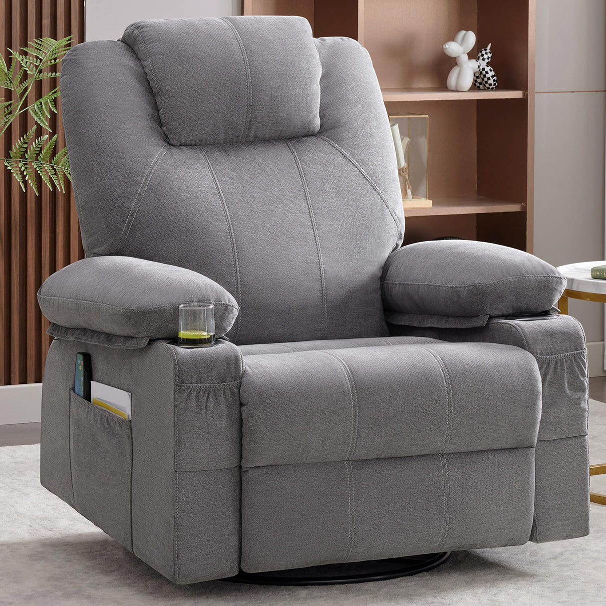 Weture Oversized Swivel Rocker Recliner Chair with Heat and Massage, 360 Degree Swivel Rocking Single Sofa with Cup Holders and USB Port, Big Large Recliner Chair for Living Room (Fabric, Grey) Weture
