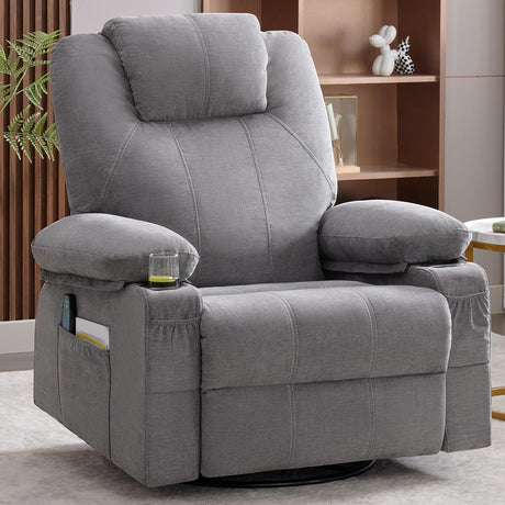 Weture Swivel Rocker Recliner Chair with Heat and Massage, 360 Degree Swivel Recliner Chair with Cup Holders and USB Port, Big Oversized Rocking Single Sofa for Living Room (Fabric, Grey) Weture