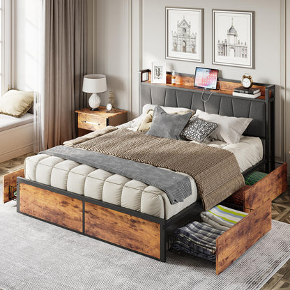 LIKIMIO Vintage Brown Queen Bed Frame with 4 Storage Drawers and Charging Headboard - WoodArtSupply