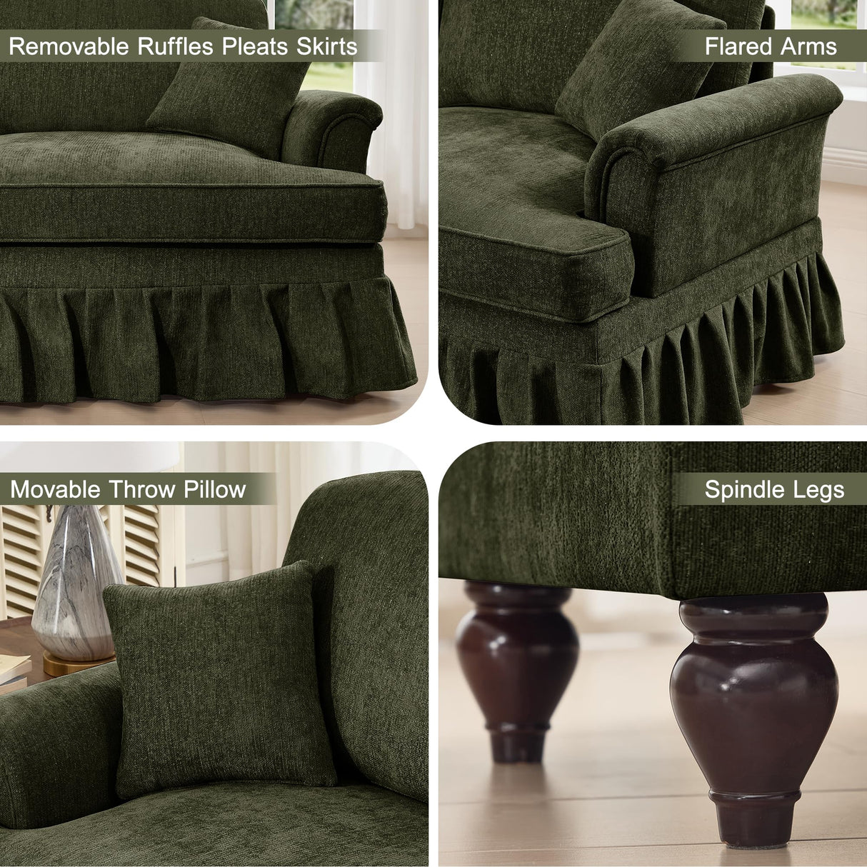 HMHKHN 76" Chenille Loveseat Sofa for Living Room, Traditional Style Sofa with Detachable Ruffled Skirt, Flared Arms, Spindle Legs, Love Seat Couches for Apartment (Green) HMHKHN