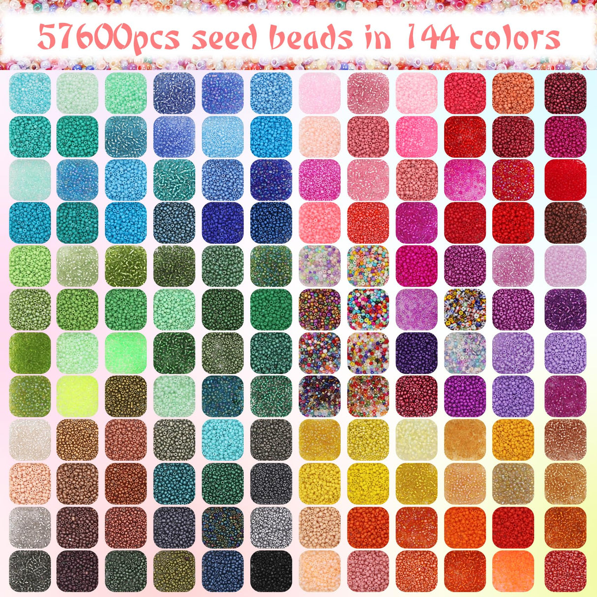 EuTengHao 57600pcs 2mm Glass Seed Beads Small Craft Beads for DIY Bracelet Necklaces Crafting Jewelry Making Supplies with Beading Needles Elastic Strings (144 Colors, 400Pcs Per Color) EuTengHao