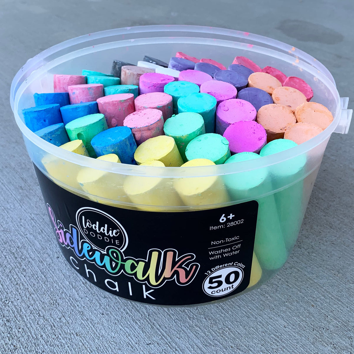 Loddie Doddie 50ct Sidewalk Chalk for Kids - 12 Colors Non-Toxic Jumbo Sticks in Reusable Bucket - Easy Clean Up for Fun & Creativity - Outdoor Chalk Loddie Doddie