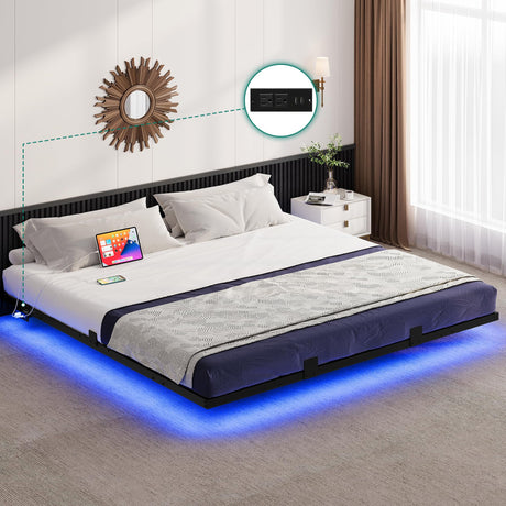 YITAHOME Floating Bed Frame King Size, LED Bed Frame with Charging Station, Metal Platform King Bed with Heavy Duty Steel Slats, No Box Spring Needed, Easy Assembly, Black YITAHOME