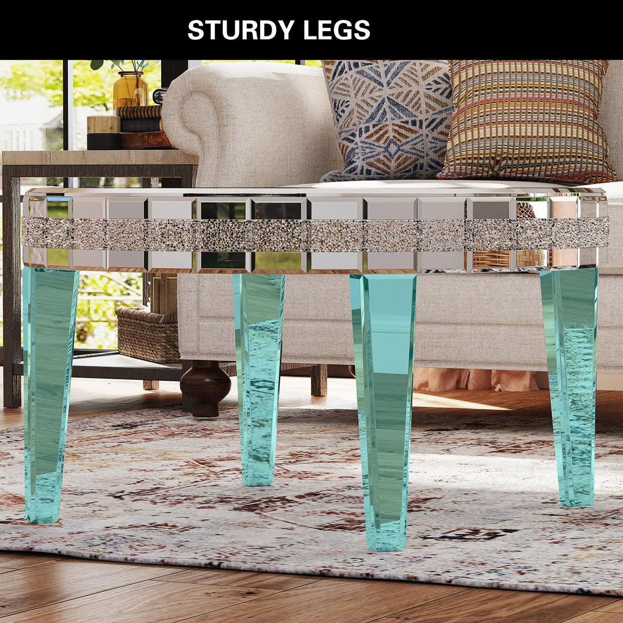 COSVALVE Silver Coffee Tables for Living Room Round with Luxury Mirror Surface, 31.5 Inches Mirrored Coffee Table with Legs & Crystal Inlay, Center Table Cocktail Table for Reception COSVALVE