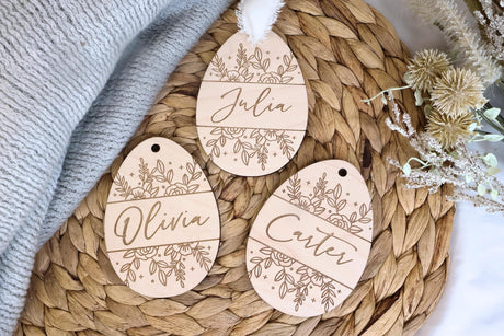 Custom Easter Egg-Shaped Basket Tag, Engraved Boy Or Girl Easter Basket Ornament, Personalized Wooden Placecard Name Tag For Kids Obsidian Home Creations