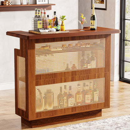 Tribesigns Caramel Brown Farmhouse Rattan Bar Cabinet with 4 Stemware Racks and Ample Storage