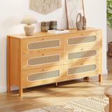 DWVO Natural Rattan 6 Drawer Dressers - Oak Wooden Dresser Chest of Drawers with Golden Handles - Modern Large Closet Boho Dressers Storage Cabinet for Living Room/Hallway/Entryway DWVO