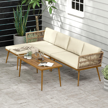 DWVO 4 Pieces Patio Furniture Set, Sectional L-Shaped Sofa for Patio Backyard Poolside Porch, All-Weather Rattan Woven Conversation Set Detachable Lounger with Side Table & Cushions (Beige) DWVO