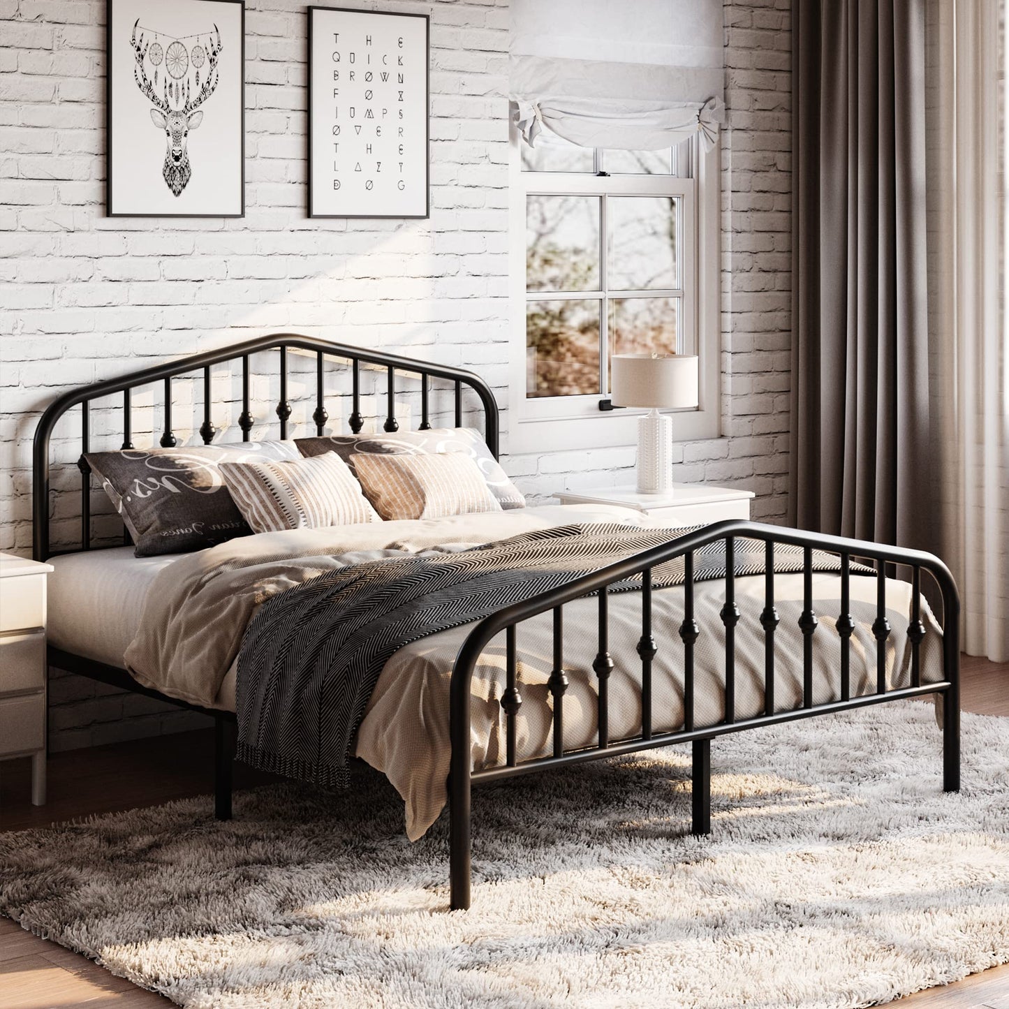 SHA CERLIN Victorian-Style Queen Metal Platform Bed Frame in Black - No Box Spring Required - WoodArtSupply