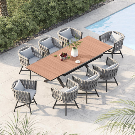 Grand patio 9-Piece Outdoor Dining Set for 8, Patio Dining Furniture Set for 8 Swivel Rope Wicker Chairs & 1 Extendable Rectangular Dining Table, Light Gray Brown Grand patio