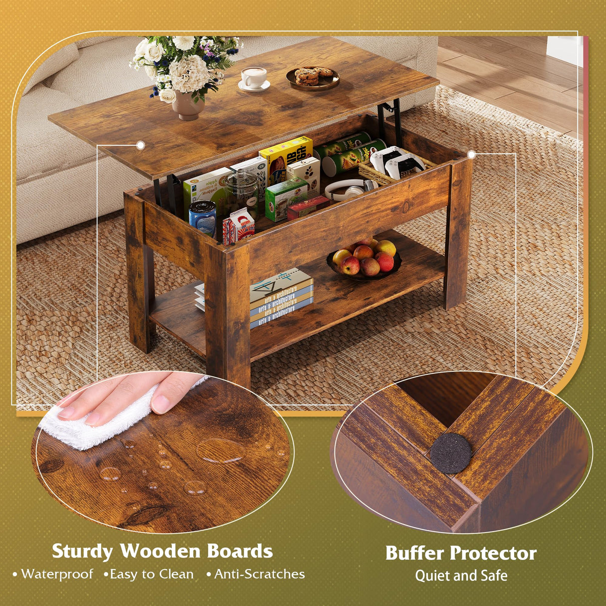 WLIVE Coffee Table, 39" Lift Top Coffee Table with Hidden Compartment, Storage Shelf and Lifting Top for Home Living Room, Office and Reception Room, Rustic Brown WLIVE