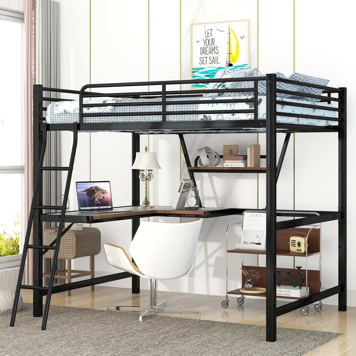 Full Size Loft Bed with Desk and Storage Shelf, Heavy Duty Loft Bed Full Size, Full Loft Bed with L- Shaped Desk and Guardrail, Full Size Loft Bed for Kids, Teens, Adults, Full Size Loft Bed Black Bellemave
