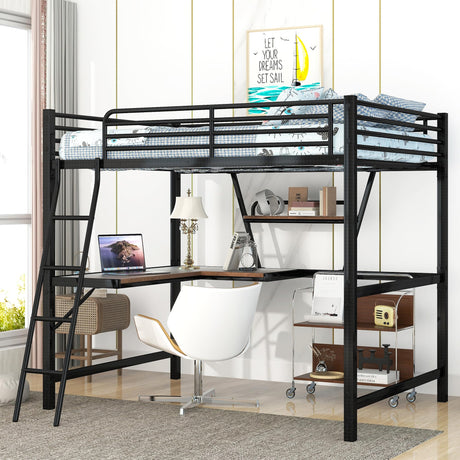 Full Size Loft Bed with Desk and Storage Shelf, Heavy Duty Loft Bed Full Size, Full Loft Bed with L- Shaped Desk and Guardrail, Full Size Loft Bed for Kids, Teens, Adults, Full Size Loft Bed Black Bellemave