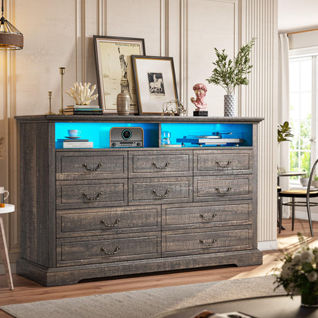 Romorgniz 10 Drawer Dresser for Bedroom, Large Farmhouse Dresser with LED Lights & Charging Station for Bedroom, Rustic Oak Romorgniz