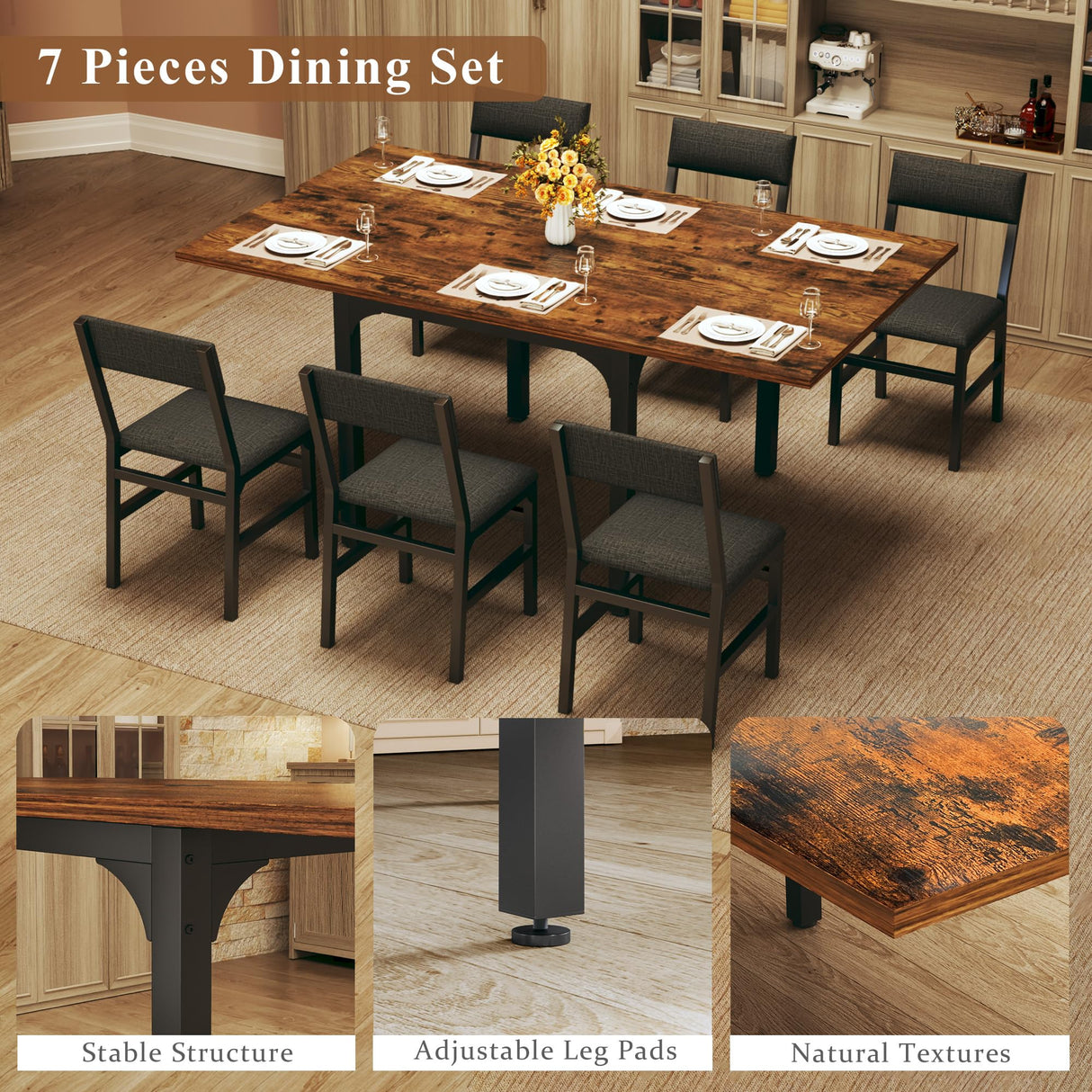7-Piece Dining Table Set for 4-6, Extendable Kitchen Table Cushion Chairs Set of 6 with 6 Chairs, Rectangle Dining Table with Metal Frame & MDF Board, Folding for Small Apartment Saving Space, Rustic HUAHUU