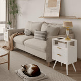 JOONEE White Nightstand with Charging Station and LED Lights,Modern Bedside Table with 2 Storage Drawer and Open Wood Shelf, for Bedroom and Small Spaces,Night Stand with Solid Wood Legs, White JOONEE