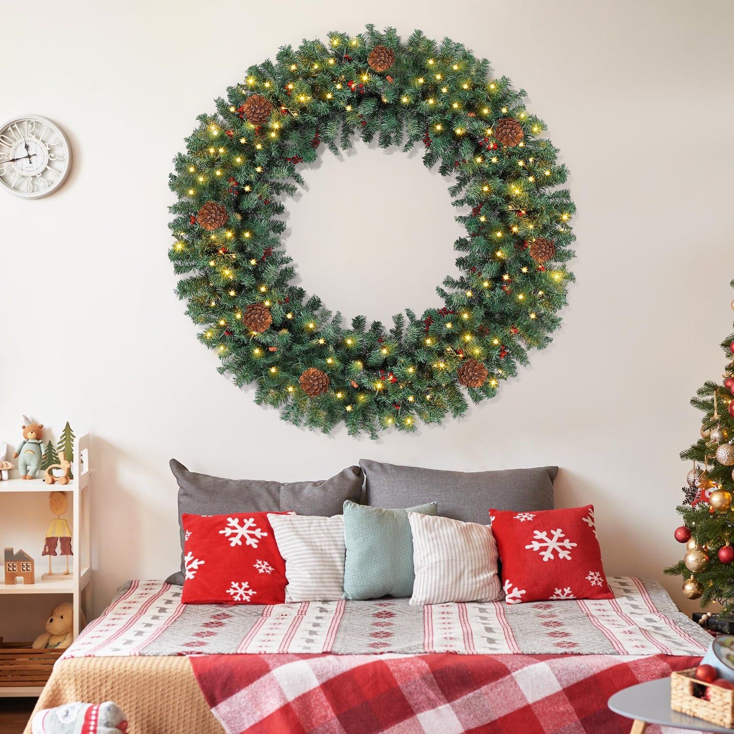 Prelit Christmas Wreath 60 Inches Large Outdoor Christmas Wreath 220 Warm White LED Lights, Artificial Lighted Christmas Wreath Winter Wreath with 630 PVC Tips Vivid Pine Cones and Berry Clusters