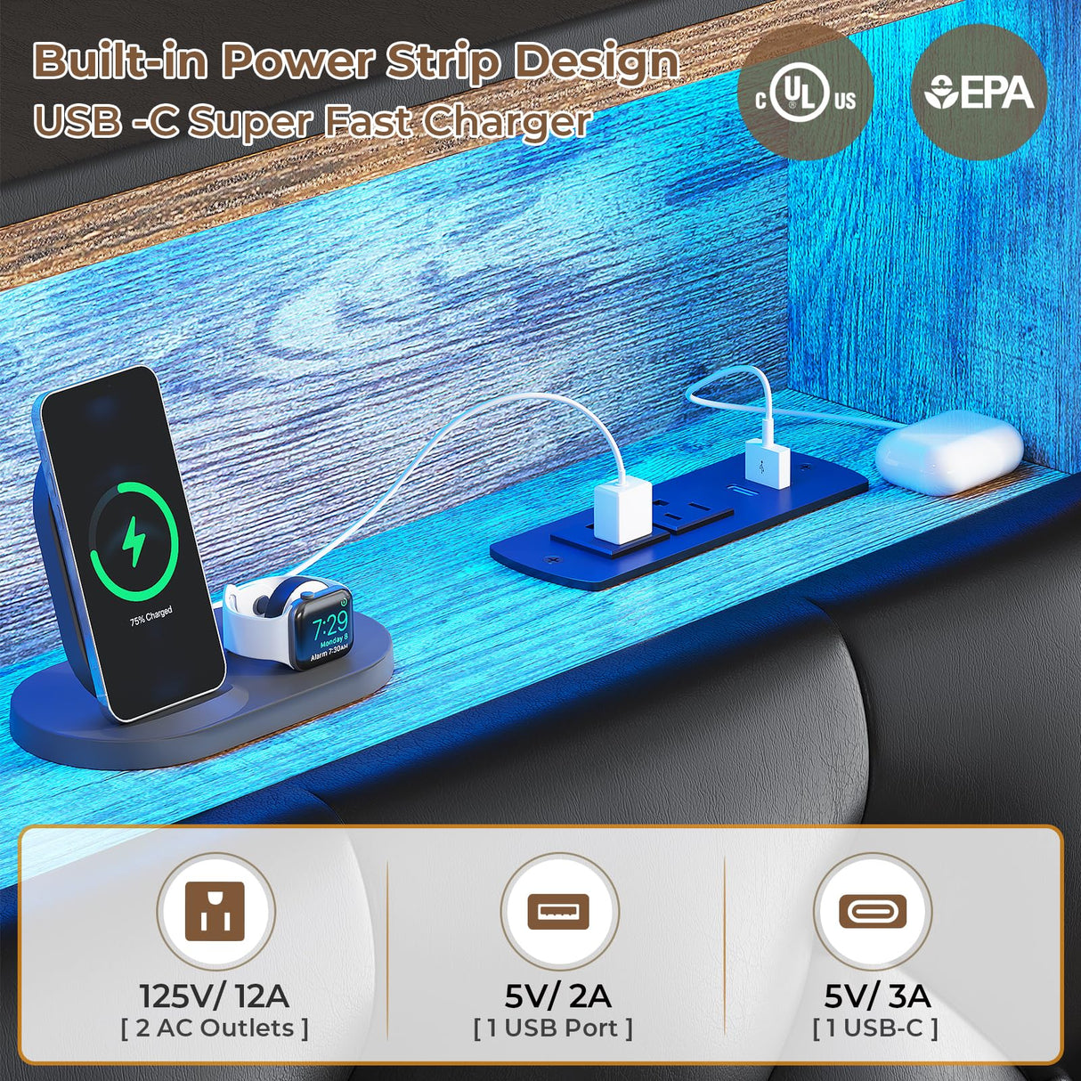 HAUOMS Twin Bed Frame with 3-Tier Headboard & Hidden Storage, Upholstered LED Bed Frame with 4 Drawers and Charging Station,Platform Metal Bed Frame with Storage, No Box Spring Needed, PU Black HAUOMS