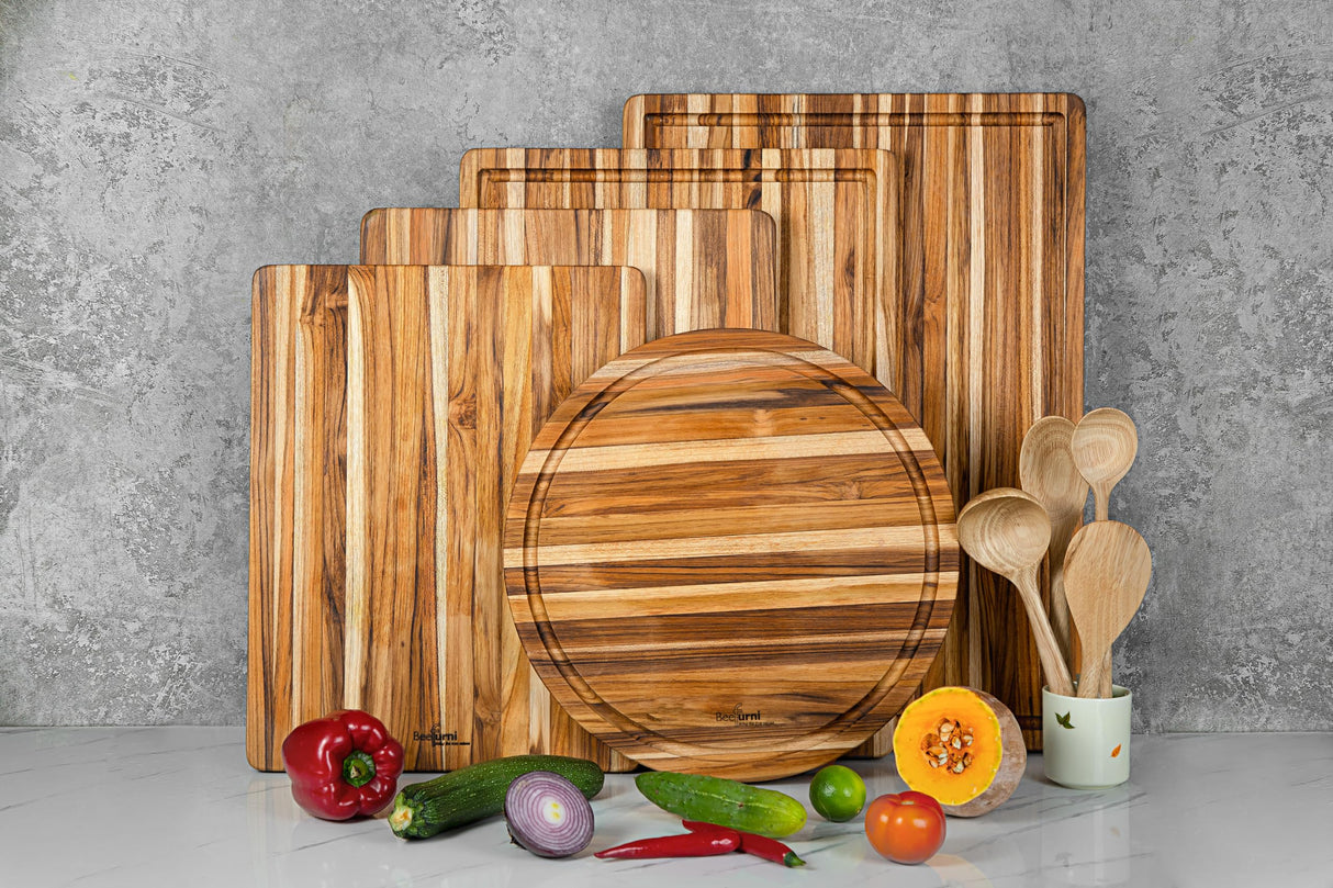 BEEFURNI Teak Wood Cutting Board with Hand Grip, Wooden Cutting Boards for Kitchen Medium, Chopping Board Wood, Reversible, Kitchen Gifts, 1-Year BEEFURNI