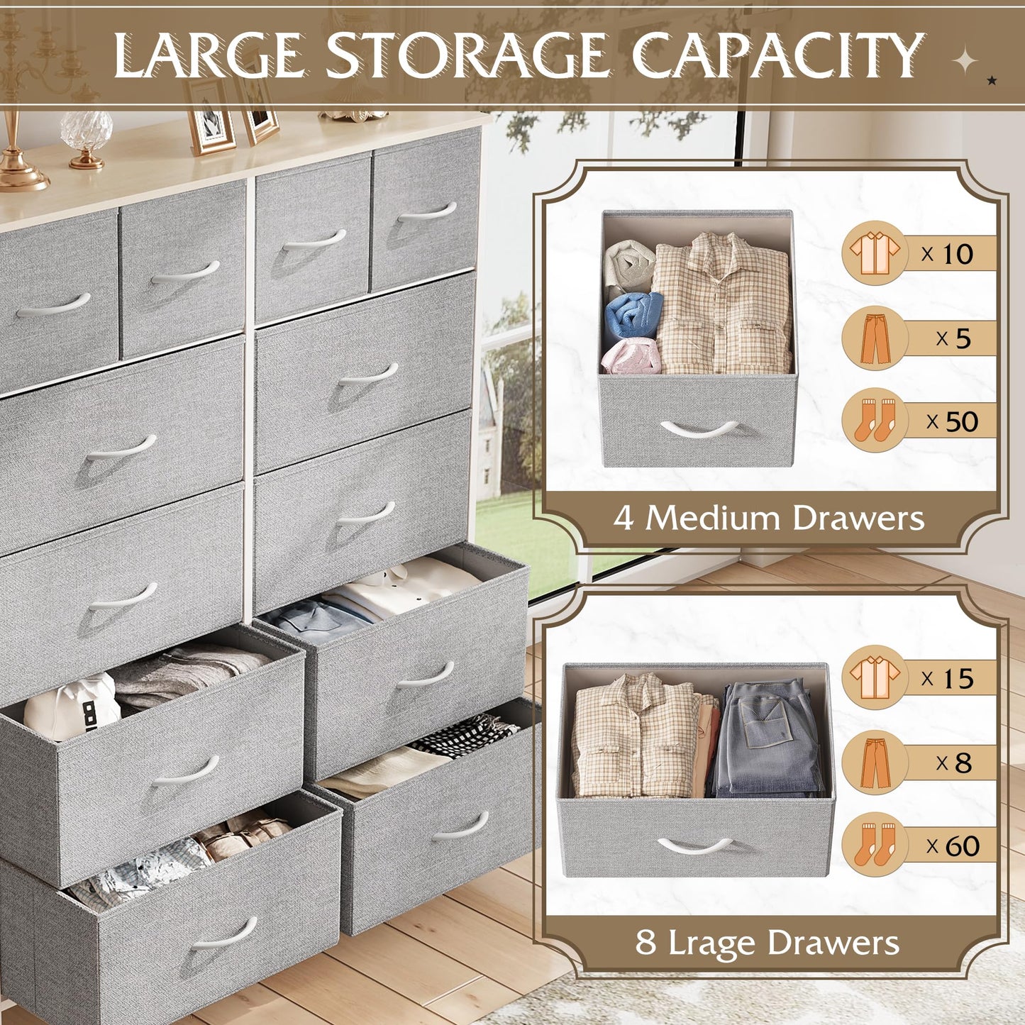 WLIVE Tall Dresser for Bedroom with 12 Drawers, Dressers & Chests of Drawers, Fabric Dresser for Bedroom, Closet, Fabric Storage Dresser with Storage Drawers, Wood Top, Light Grey - WoodArtSupply