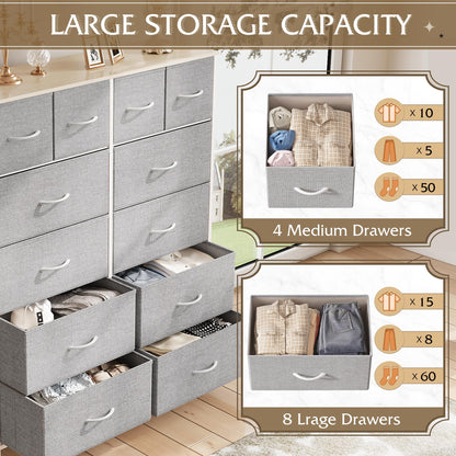 WLIVE Tall Dresser for Bedroom with 12 Drawers, Dressers & Chests of Drawers, Fabric Dresser for Bedroom, Closet, Fabric Storage Dresser with Storage Drawers, Wood Top, Light Grey - WoodArtSupply