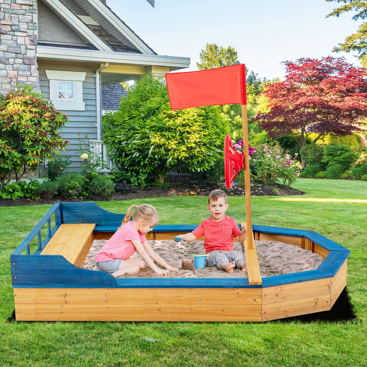 HONEY JOY Pirate Ship Kids Sandbox, Wooden Bottomless Sand Boat with Liner, Sand Pit w/Realistic Flag & Steering Wheel, Storage Bench Seat w/Backrest, Outdoor Sand Boxes for Kids Backyard HONEY JOY