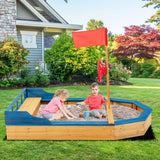 HONEY JOY Pirate Ship Kids Sandbox, Wooden Bottomless Sand Boat with Liner, Sand Pit w/Realistic Flag & Steering Wheel, Storage Bench Seat w/Backrest, Outdoor Sand Boxes for Kids Backyard HONEY JOY