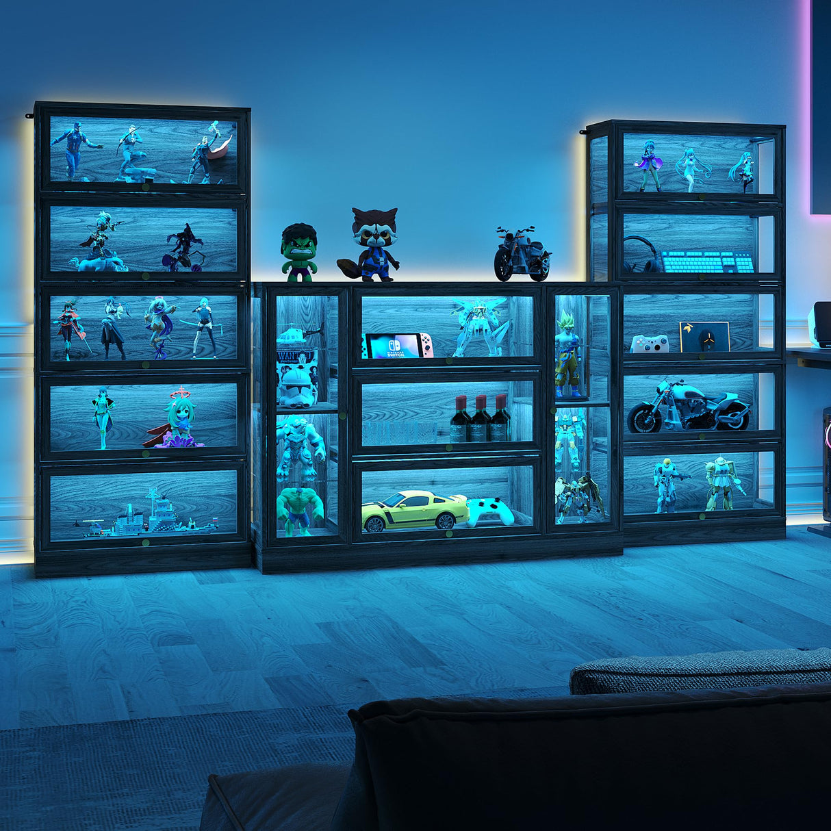 BONITURE Display Cabinet with Acrylic Glass Doors,Extra Wide Curio Cabinet with LED Lighting for Collectibles, Collectibles Toy Organizers Rack & Display Shelf Display Case, Walnut BONITURE